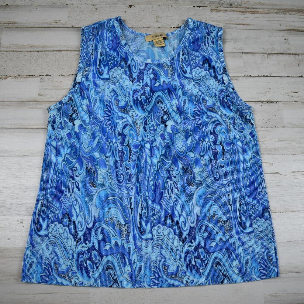 Vintage Plisse Pleated Tank Top Women's Large Blue Sleeveless Paisley 90s Boho L